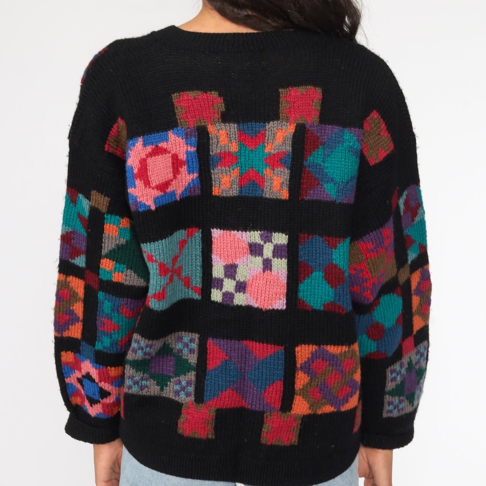 L.L. Bean Black Multicolor Patchwork Cardigan - image 3